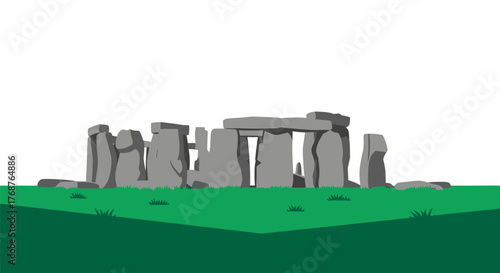 Monumental stonehenge illustration with abstract green landscape and mysterious ancient architecture