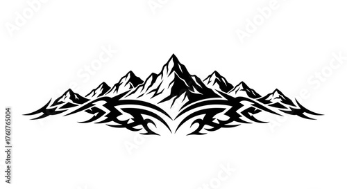 Majestic mountain peaks meet tribal art influences in a bold and striking design