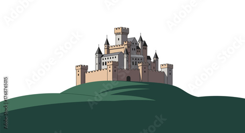 Majestic Castle Towering Over Green Hillside, A Symbol of History and Grandeur