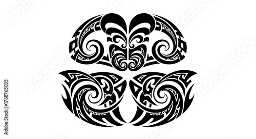 Abstract tribal art design featuring flowing patterns and symmetrical arrangements