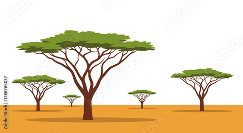Illustrative tranquil landscape portraying the unique silhouette of African acacia trees