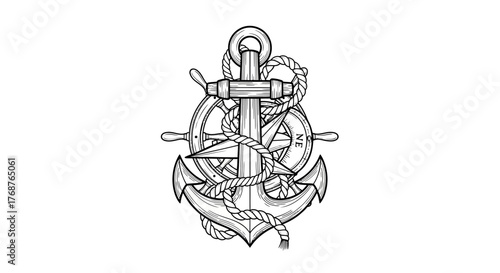 Vintage maritime symbol featuring an anchor, ship wheel, rope, and compass on white background