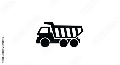 Simple minimalist black and white dump truck icon design, construction vehicle representation