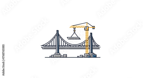 Illustration showcasing bridge construction with a crane and geometric design elements in a