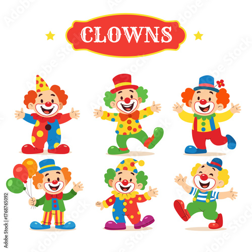 A colorful set of six cheerful circus clowns in playful poses. Perfect for children’s designs, party invitations, posters, and entertainment-themed illustrations.