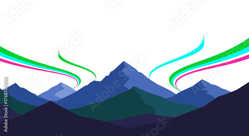 Mountains silhouette with abstract colorful aurora borealis effect illustration landscape