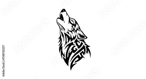 Abstract howling wolf head illustration with tribal tattoo design on a white background