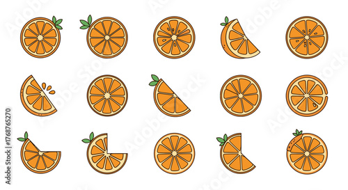 A vibrant collection of stylized orange slices and wedges, presented on a black background, showcasing various cuts and details like leaves and juice droplets, perfect for food and beverage designs.