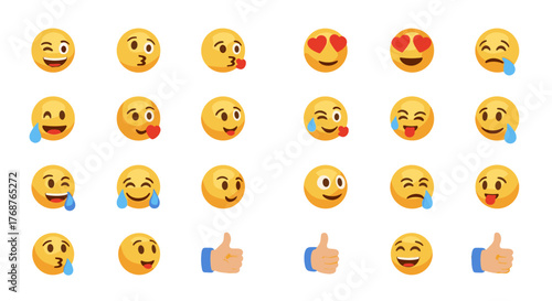 Collection of diverse yellow emoji faces expressing various emotions and gestures, including winking, kissing, love-struck, crying, laughing, and thumbs-up, presented against a stark black background
