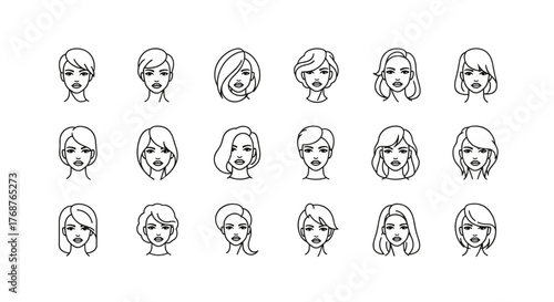 Collection of 15 stylized white line art female faces with diverse hairstyles and expressions, set against a stark black background, perfect for graphic design, avatars, and beauty-related concepts.