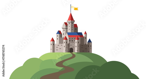 Cartoon illustration of a medieval castle atop a green hill, ideal for fantasy concepts or