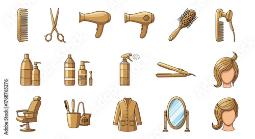Golden Collection of Hair Salon Icons: Featuring a Barber Chair, Styling Tools, Hair Products, and Elegant Hairstyles, Perfect for Beauty Industry Branding and Design