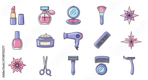 A vibrant collection of beauty and personal care icons, featuring essential items like lipstick, perfume, nail polish, face cream, a hairdryer, makeup brush, comb, compact mirror, scissors, and