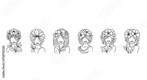 Set of six minimalist line art illustrations of diverse women's faces adorned with intricate floral arrangements, showcasing beauty, nature, and feminine elegance in a delicate, artistic style