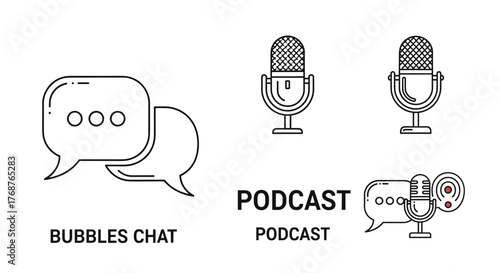 Set of outline icons representing podcasting and communication, featuring a chat bubble with three dots and multiple vintage microphones, symbolizing audio recording, broadcasting, and online