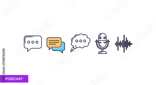 A vibrant collection of podcasting icons, including speech bubbles, a thought cloud, a vintage microphone, and a sound wave, all rendered in a modern, minimalist outline style against a stark black