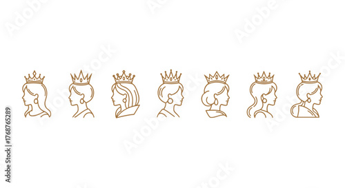 Collection of elegant golden line art female profile silhouettes wearing ornate crowns, showcasing diverse hairstyles and regal earrings against a stark black background, symbolizing royalty, beauty