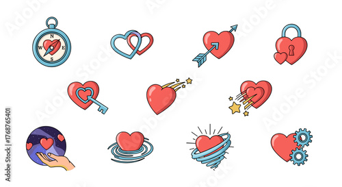 A vibrant collection of stylized heart icons, each representing different aspects of love and relationships, including a compass heart, linked hearts, a heart pierced by an arrow, a heart-shaped