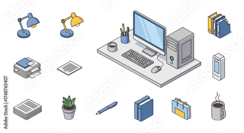 Isometric vector illustration of a modern office workspace setup, featuring a desktop computer, keyboard, mouse, desk lamp, stacks of documents, a potted plant, a pen, a book, a calendar, and a hot