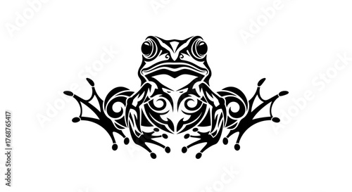 Stylized tribal frog illustration featuring symmetrical designs and intricate details suitable for