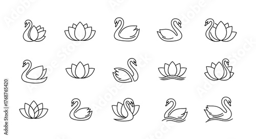 Elegant white line art icons of swans and lotus flowers on a black background, symbolizing grace, purity, and tranquility. This collection features various stylized depictions of these beautiful