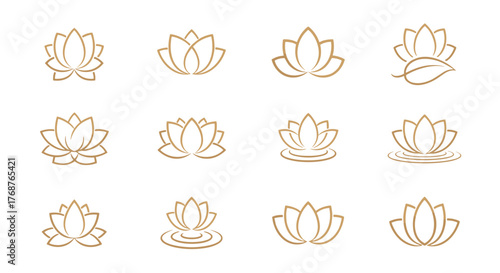 Collection of elegant golden lotus flower icons and symbols, representing purity, spirituality, and tranquility, perfect for wellness, spa, yoga, and meditation branding and design elements.