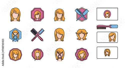 Collection of stylized icons representing women's hairstyles and hairdressing tools, featuring blonde women with various haircuts and professional salon equipment like combs and brushes, presented in