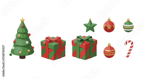 Festive 3D Christmas Icons Set: A vibrant collection featuring a decorated Christmas tree, wrapped gift boxes with ribbons, star ornaments, baubles, and a candy cane, all rendered in a charming