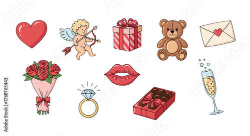 A delightful collection of Valentine's Day icons, featuring a classic red heart, a playful cupid with bow and arrow, a festive gift box, a cuddly teddy bear, a romantic envelope with a heart, a