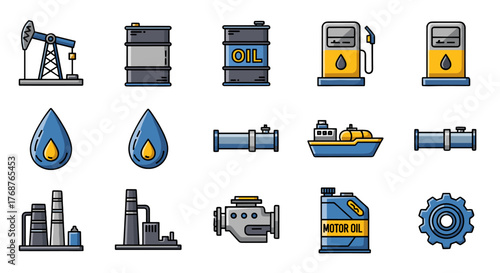 Collection of flat design icons representing the oil and gas industry, including an oil pump jack, barrels, fuel pumps, oil drops, pipelines, a tanker ship, refineries, an engine, a motor oil can