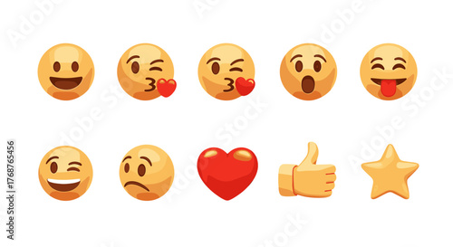 A vibrant collection of popular emojis and icons, including a smiling face, kissing faces with hearts, a surprised face, a face sticking out its tongue, a winking face, a sad face, a red heart, a
