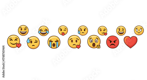A diverse collection of popular emoji faces expressing a wide range of emotions, including joy, sadness, anger, love, and surprise, presented in a horizontal banner format against a black background