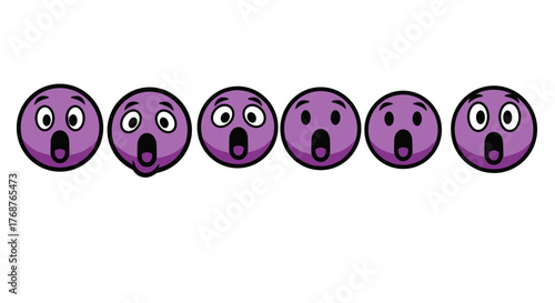 A row of six purple cartoon faces with wide-open mouths and surprised expressions, set against a stark black background, conveying shock, awe, or astonishment in a simple, graphic style.
