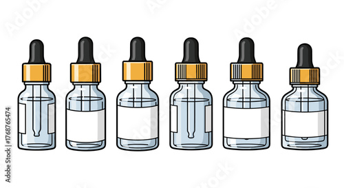 A row of six identical glass dropper bottles with gold caps and black rubber bulbs, each containing a clear liquid and a blank white label for customization, isolated on a black background