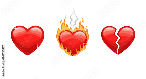 Three iconic red heart emojis representing different emotional states: a sparkling, vibrant heart symbolizing love and affection, a heart engulfed in flames representing passion or heartbreak, and a