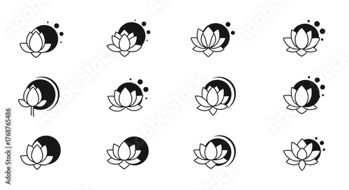 A collection of twelve minimalist lotus flower icons, presented in a clean, modern line art style with a subtle gradient effect, set against a deep black background, evoking themes of purity