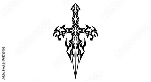 Ornate sword design featuring intricate tribal elements and symmetrical pattern creating an