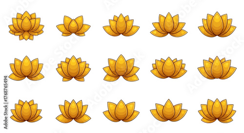 Collection of fifteen golden lotus flowers, each with detailed petals and a subtle gradient, arranged in a three-by-five grid against a stark black background, symbolizing purity, enlightenment, and