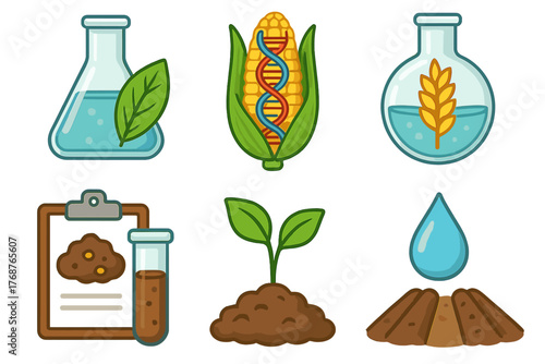Agricultural biotechnology icons: lab beakers, dna corn, soil testing, plant growth, water conservation
