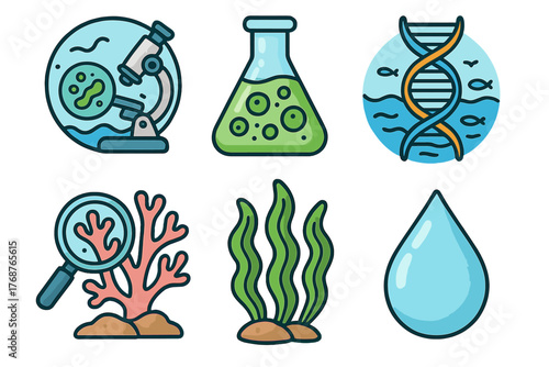 Marine biology icons: microscope, flask, dna, coral, algae, water drop