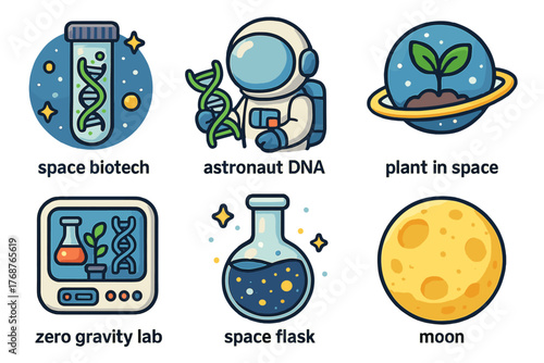 Space biotechnology icons: astronaut dna, space plant, zero gravity lab, moon, space flask