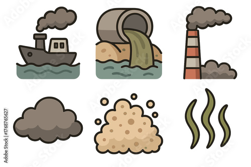 Environmental pollution: ship, waste, smoke, cloud, dust, odor impacting nature