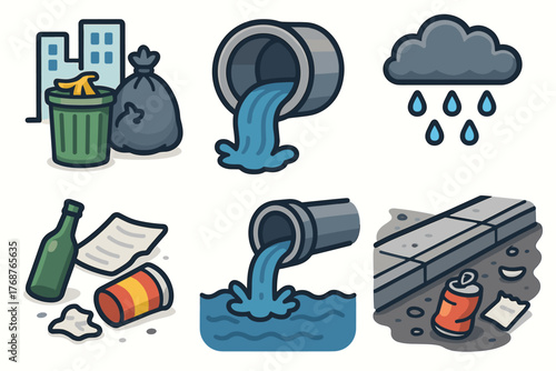 Environmental pollution icons depicting waste disposal and water contamination issues