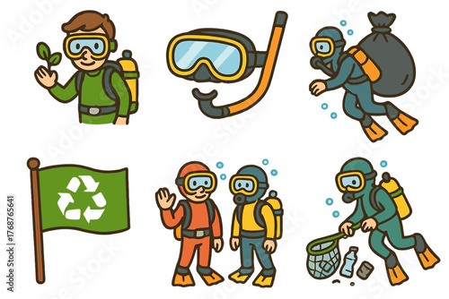 Diving adventure icons with recycling theme and sustainable actions