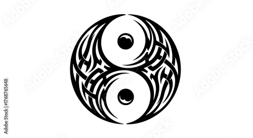 Tribal-Inspired Yin Yang Symbol with Intricate Intertwined Lines and Subtle Shadowing