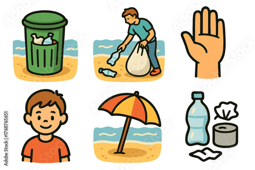 Beach cleanup and pollution awareness cartoon icons set