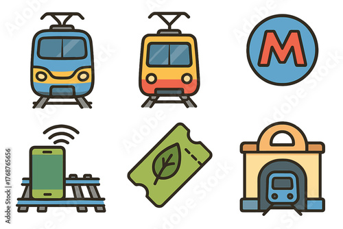 Colorful public transport icons: trains, metro, smartphone, ticket, station