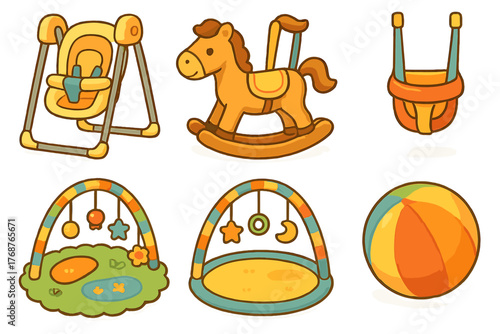 Cute baby toys set with rocking horse, swings, play gyms, and ball