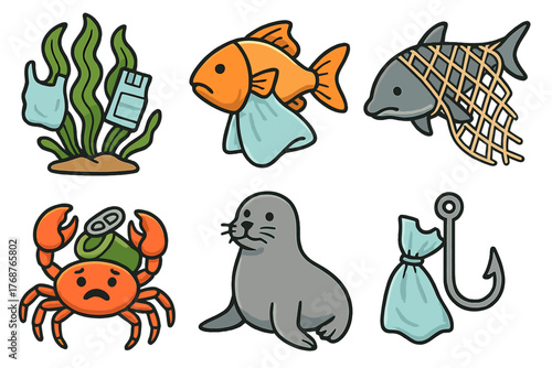 Marine animals affected by pollution and plastic waste in ocean environment