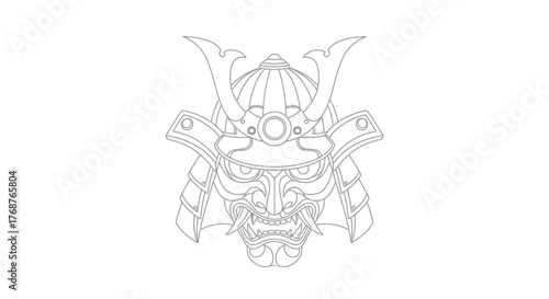 Detailed line art illustration of a traditional samurai helmet and mask design